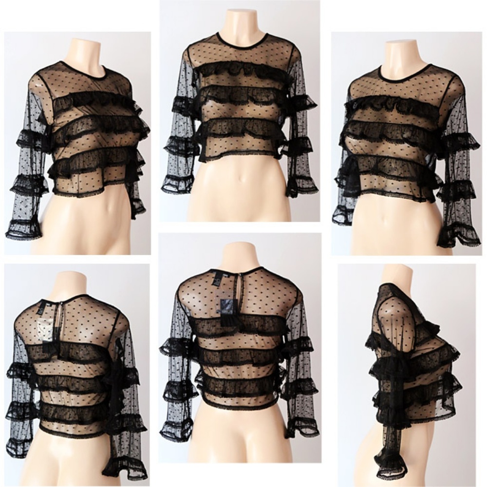 Last ☝️ Sheer Mesh Polka Dot Ruffle Crop Lace Top - Picture 7 of 8